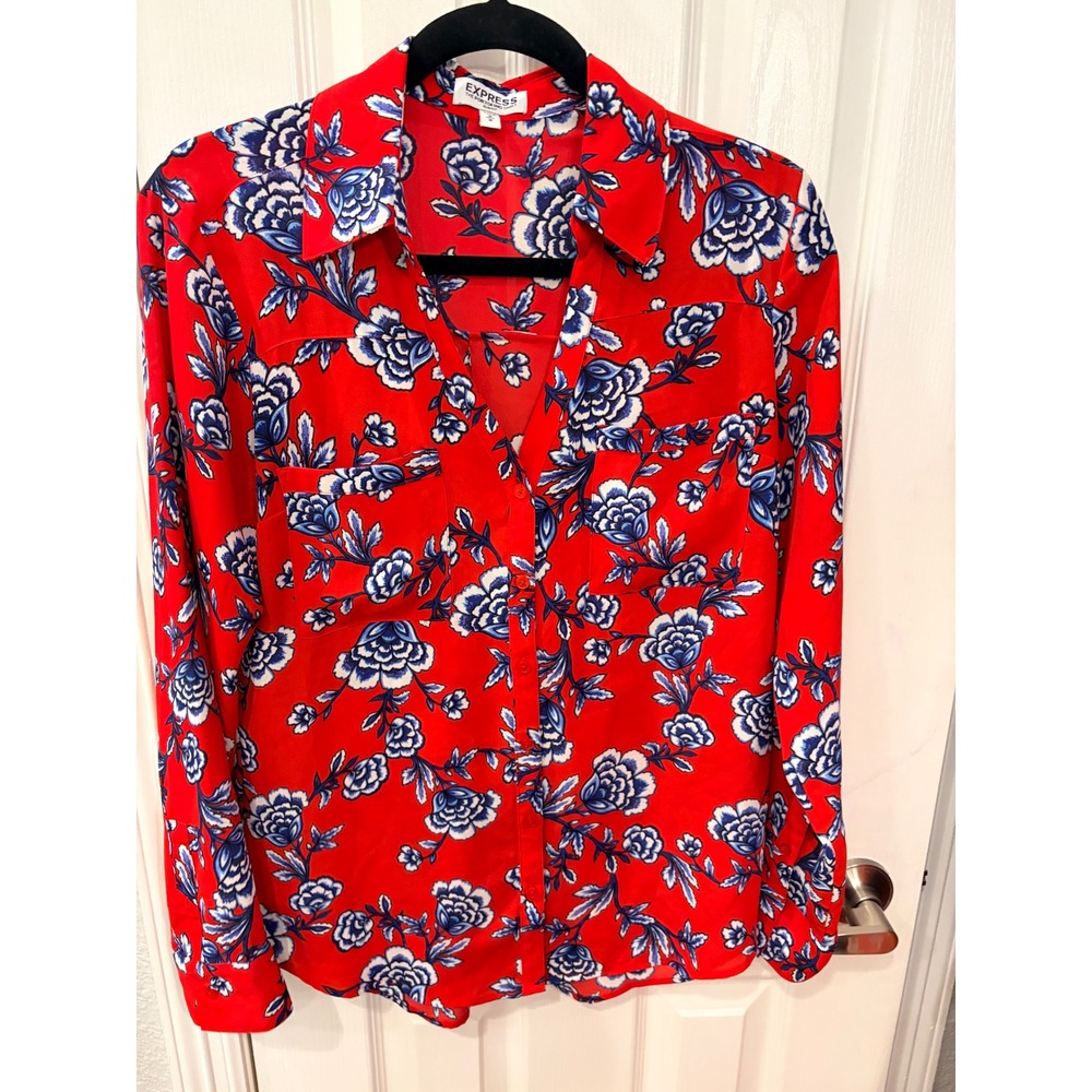 Express Portofino Shirt Red Blue Floral Slim Fit Long Sleeve Button Down Blouse